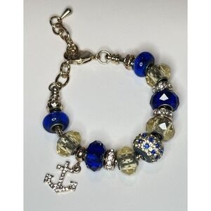Royal Blue Rhinestone Charm Bracelet Glass Bead Anchor Adjustable Nautical